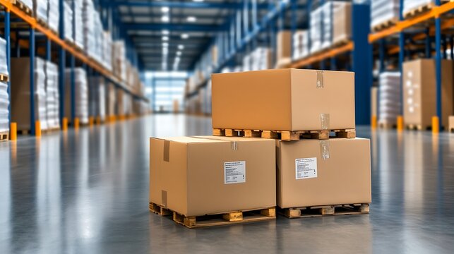 A high tech warehouse filled with pallets of merchandise, all tracked in real time by smart logistics software displayed on a digital dashboard.
