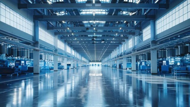 A large, empty industrial building with a lot of windows. The space is very open and has a very clean, modern look