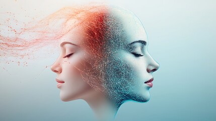 Abstract digital composition showcasing two interconnected heads formed from intricate, colorful digital elements, representing the concept of connection and communication in the digital age.