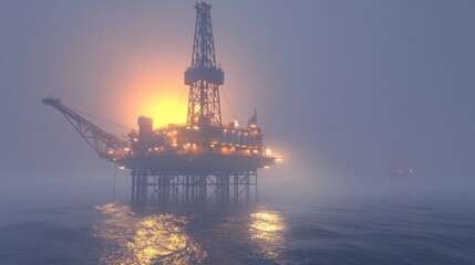 Obraz premium Misty Oil Rig Platform at Sunset in Calm Waters