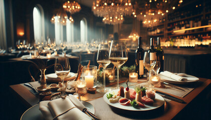 Elegant and select restaurant table Wine Glass and appetizers, on the bar table Soft light and romantic atmosphere dinner wedding service menu