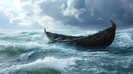 An abandoned wooden boat struggles against rough ocean waves under a stormy sky, showcasing natureâ€™s power and maritime challenges..