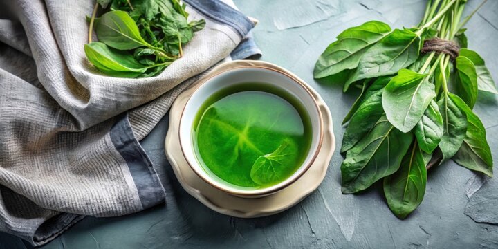 Gradient green dyed cotton fabric using sorrel leaves broth, DIY. Bowl of decoction