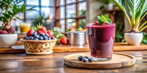 A refreshing acai and berry juice served in a holistic vegan cafe setting , organic, vegan, health, wellness
