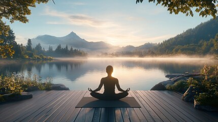 A woman meditates on a wooden dock overlooking a tranquil lake and mountains at sunrise.