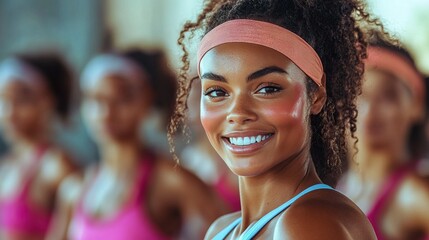 Energetic woman smiling during zumba session in vibrant fitness class setting