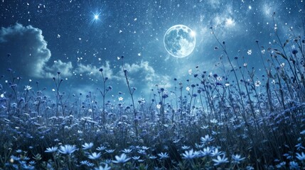 A dreamy night scene featuring a field of wildflowers under a starry sky, with a bright full moon illuminating the landscape..
