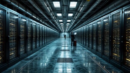 A modern data center interior with illuminated server racks along a corridor. Technicians are working on maintaining the high-tech infrastructure..