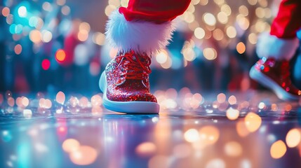 Festive close-up of shiny red shoes with santa fur accents on dance floor at vibrant zumba fitness class
