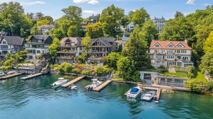 Fototapeta premium Serene Lakeside Homes Surrounded by Nature
