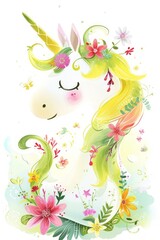 Obraz premium Colorful illustration of a unicorn with a floral mane, featuring a dreamy and magical design with vibrant flowers and butterflies..