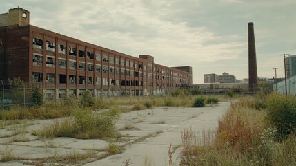 A dilapidated brick factory building with broken windows and overgrown weeds in a deserted industrial area.