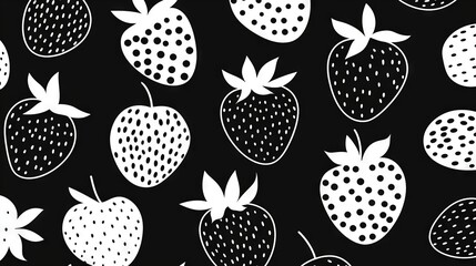 Black and white pattern of strawberries on black background, featuring a white outline of a strawberry on the left side of the image