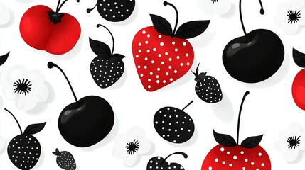   Strawberry-cherry pattern on white background, polka dots, and red apple