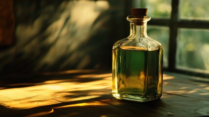 Soft morning light cascades over a glass bottle containing a vivid green liquid, creating an enchanting atmosphere on a rustic wooden table. The shadows dance gently around it.