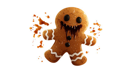 Cute gingerbread cookie with a spooky face on white isolated background.