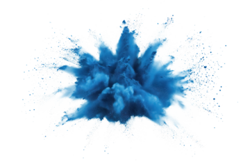 Vibrant blue explosion in center surrounded by scattered particles. Blue explosion is sole focus with isolated transparent background contrasting particles, creating depth and scale. Alpha mask.