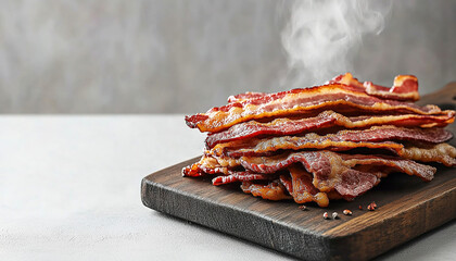 Sizzling and savory the allure of crispy bacon on a rustic wooden board