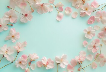 Fototapeta premium A delicate and romantic border of cherry blossoms and rose petals beautifully laid out on a soft mint green background
