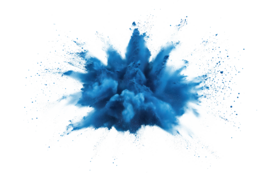 Vibrant blue explosion in center surrounded by scattered particles. Blue explosion is sole focus with isolated transparent background contrasting particles, creating depth and scale. Alpha mask.
