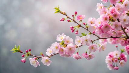 A delicate pink cherry blossom tree in full bloom against a soft gray background, blooming, petals, outdoors, nature