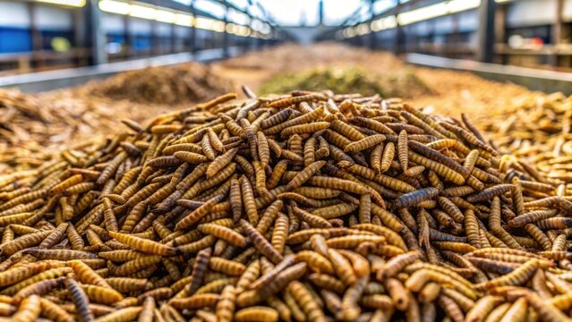 Black soldier fly larvae being raised in an insect factory farm for animal feed , larvae