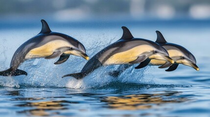 Obraz premium Playful Dolphins Jumping Above Water Surface
