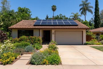 Clean House with Solar Panels Surrounded by Greenery