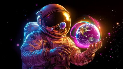 An astronaut in a futuristic spacesuit holding a glowing Earth in their hand, surrounded by a rainbow effect, in a dark space setting.