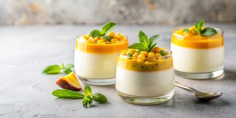 Panna cotta dessert with mango and passion fruit on a light background, Panna cotta, Italian dessert, mango, passion fruit