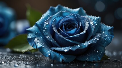 a stunning rose with a unique blend of colors, transitioning from a deep purple to a vibrant blue. The petals are adorned with glistening water droplets, adding a sense of freshness and vitality.