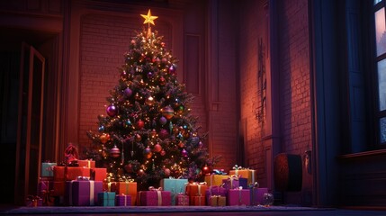 A beautifully decorated Christmas tree stands in a warm living room, surrounded by colorful presents.