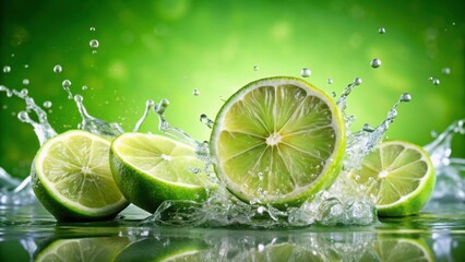 Fresh lime slices splashing in clear water, creating vibrant droplets in a bright and refreshing setting , lime, slice