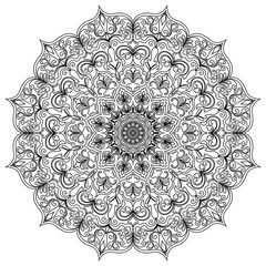 Black line art mandala featuring delicate and symmetrical designs on a white background