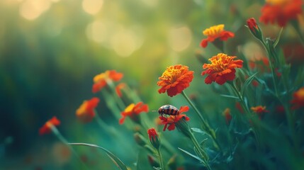 A ladybug perched on a bright orange marigold flower with a blurred green background.