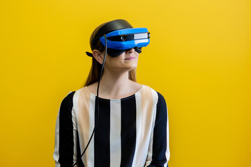 Young woman wearing a virtual reality device, viewing a virtual world in augmented reality. Depreciated virtual device, augmented reality visualisation. Head-mounted display to see a digital land