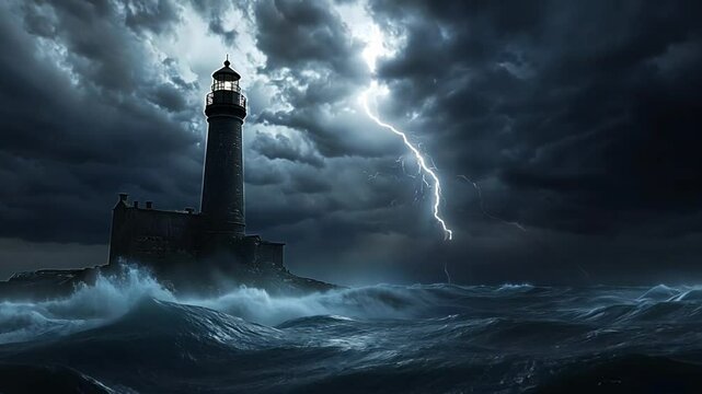 A lone lighthouse stands tall against a stormy sea with lightning striking in the distance.