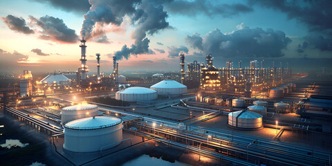 Expansive Oil Refinery and Storage Tanks at Sunset"