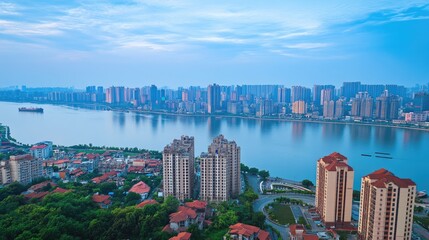 Fototapeta premium Urban Skyline with River and Modern Architecture