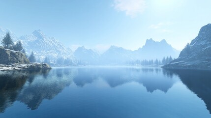 A serene mountain lake with snow-capped peaks reflecting in the still water under a clear blue sky.