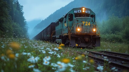 Obraz premium A green freight train with a long line of cargo cars moves through a field of white wildflowers against a backdrop of misty green mountains.