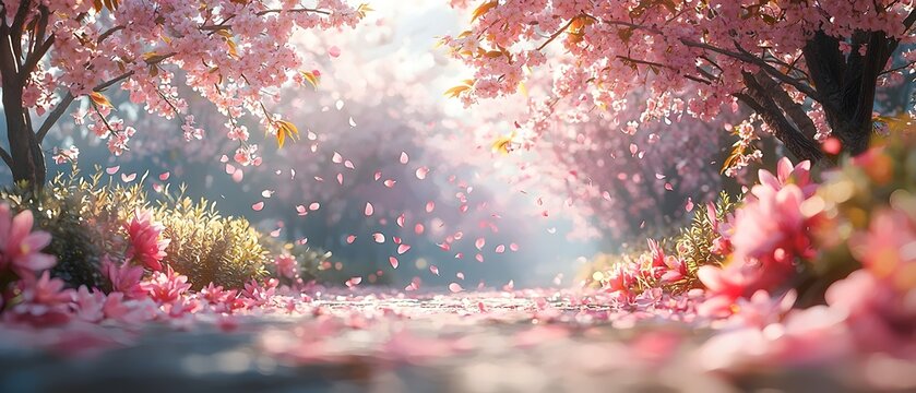 A serene scene featuring delicate cherry blossom trees adorned with vibrant pink petals, creating a dreamy pathway illuminated by soft sunlight.