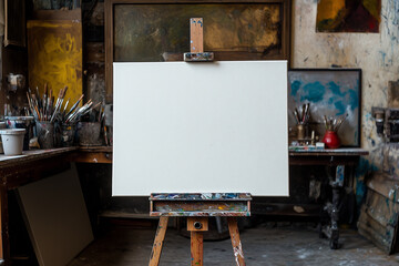 Blank canvas with wooden easel and painting tools near the wall in artist's room.