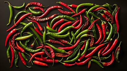 red and green hot chillies, arranged alternatively to form a design pattern, farm fresh chillies, closeup on black background. 