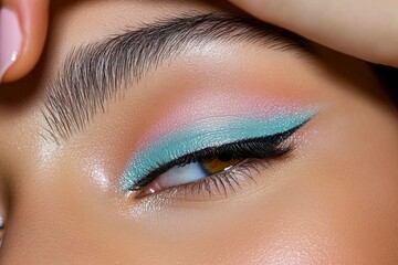 Obraz premium A beauty influencer blending eyeshadow on her eyelids, with colors softly transitioning, creating a perfect makeup look