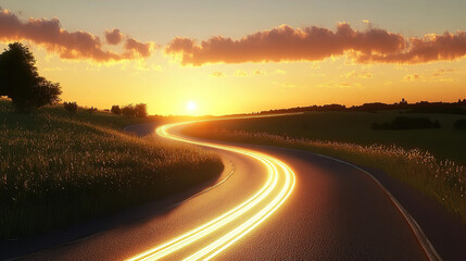 Fototapeta premium Winding road with light trails at sunset, a 3D rendering illustration of asphalt and sky during the golden hour