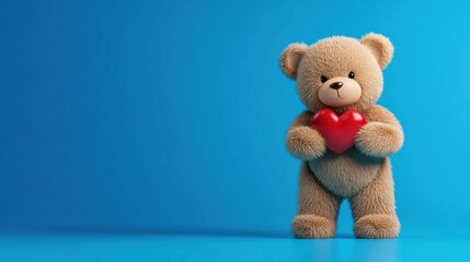 Cute teddy bear holding heart on blue background