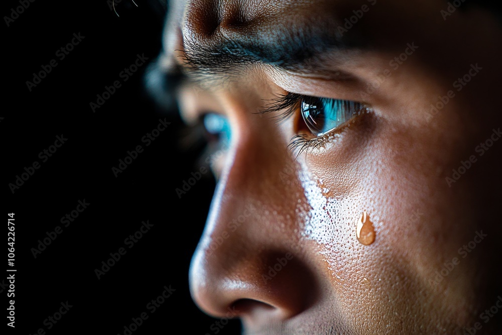 Poster a close-up of a personâ€™s face in shadows, a single tear running down their cheek as they make a di