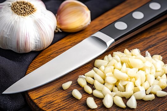 A close-up of minced garlic on a cutting board, with a knife poised to chop further, capturing the aroma of fresh garlic