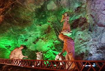 Zipaquirá, Cundinamarca, Colombia -December 29, 2023: Catholic nativity scene inside the modern-day Salt Cathedral of Zipaquirá.